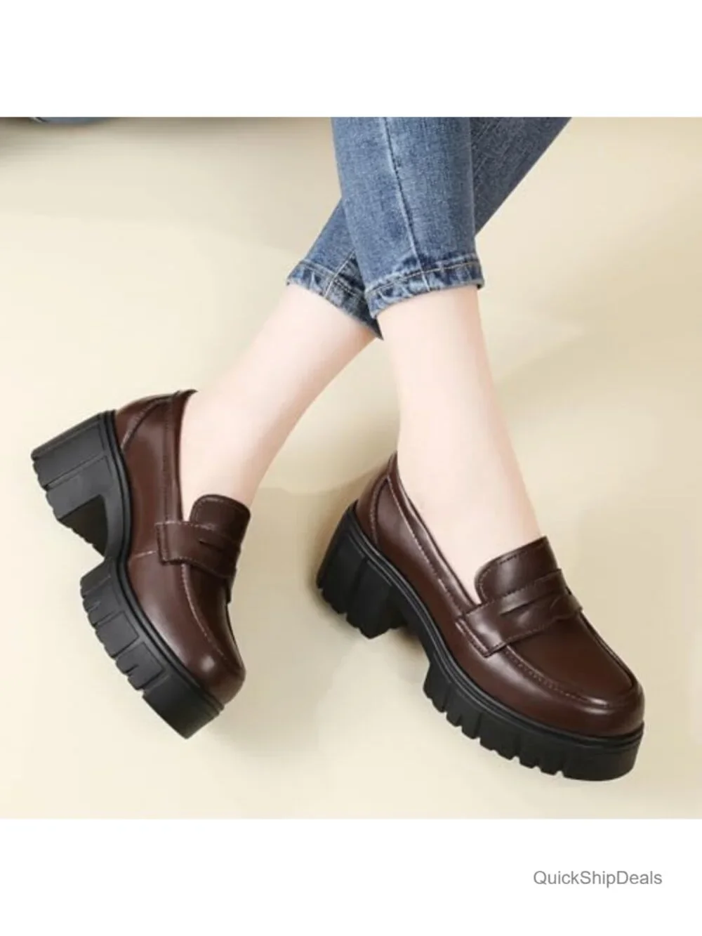 Chunky Platform Loafers for Women Leather Slip-On